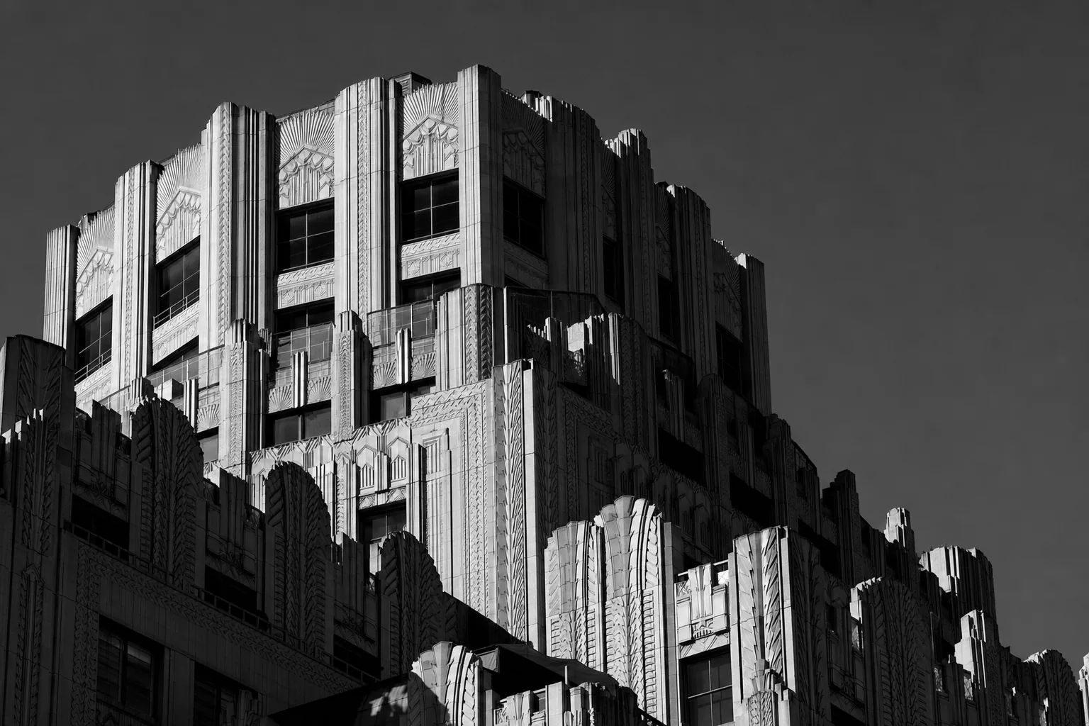 Art-deco facade of a historic downtown Los Angeles tower