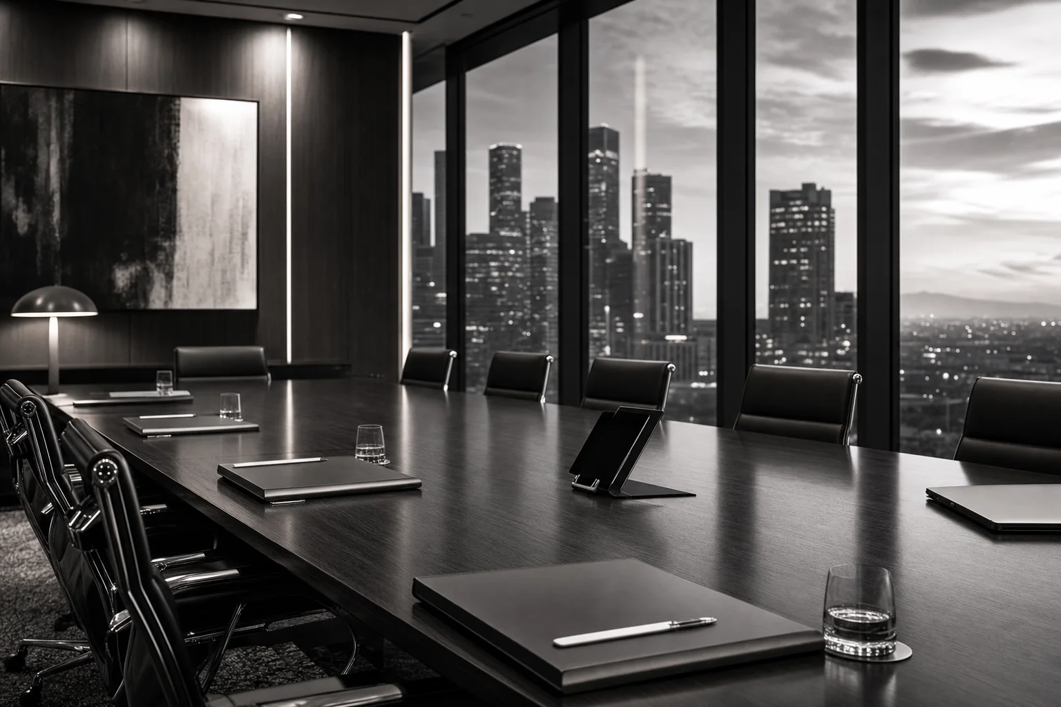 The firm's boardroom at dusk, downtown Los Angeles skyline beyond